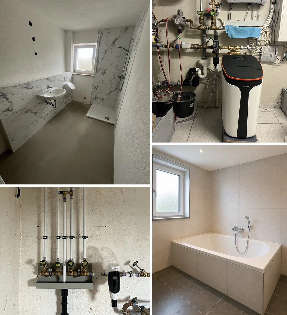Collage mit Duschbad, Trinkwasserbehandlung, Rohrinstallation und Badewannen-Inspiration